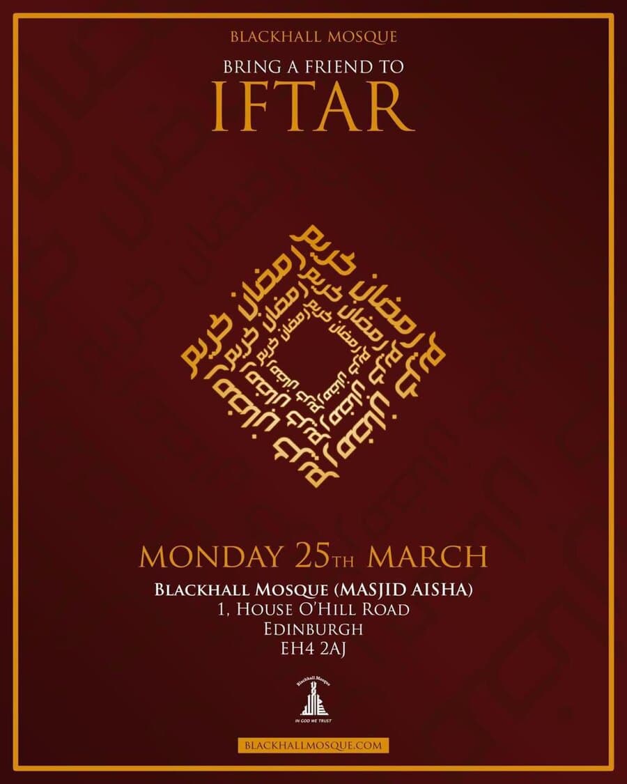 Affiche d'un iftar communautaire à la Blackhall Mosque d'Édimbourg.